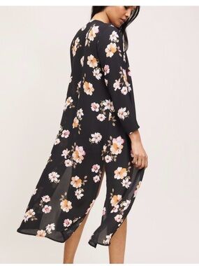 Dynamite Black Floral Longline Kimono with Pink & Cream Blossoms